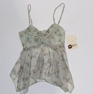 Free Kisses Light Sage Floral Lace-Up Handkerchief Hem Tank